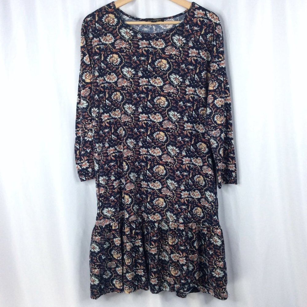Suzanne Betro Women's Midi Dress Size Medium Navy Floral Ruffle Hem